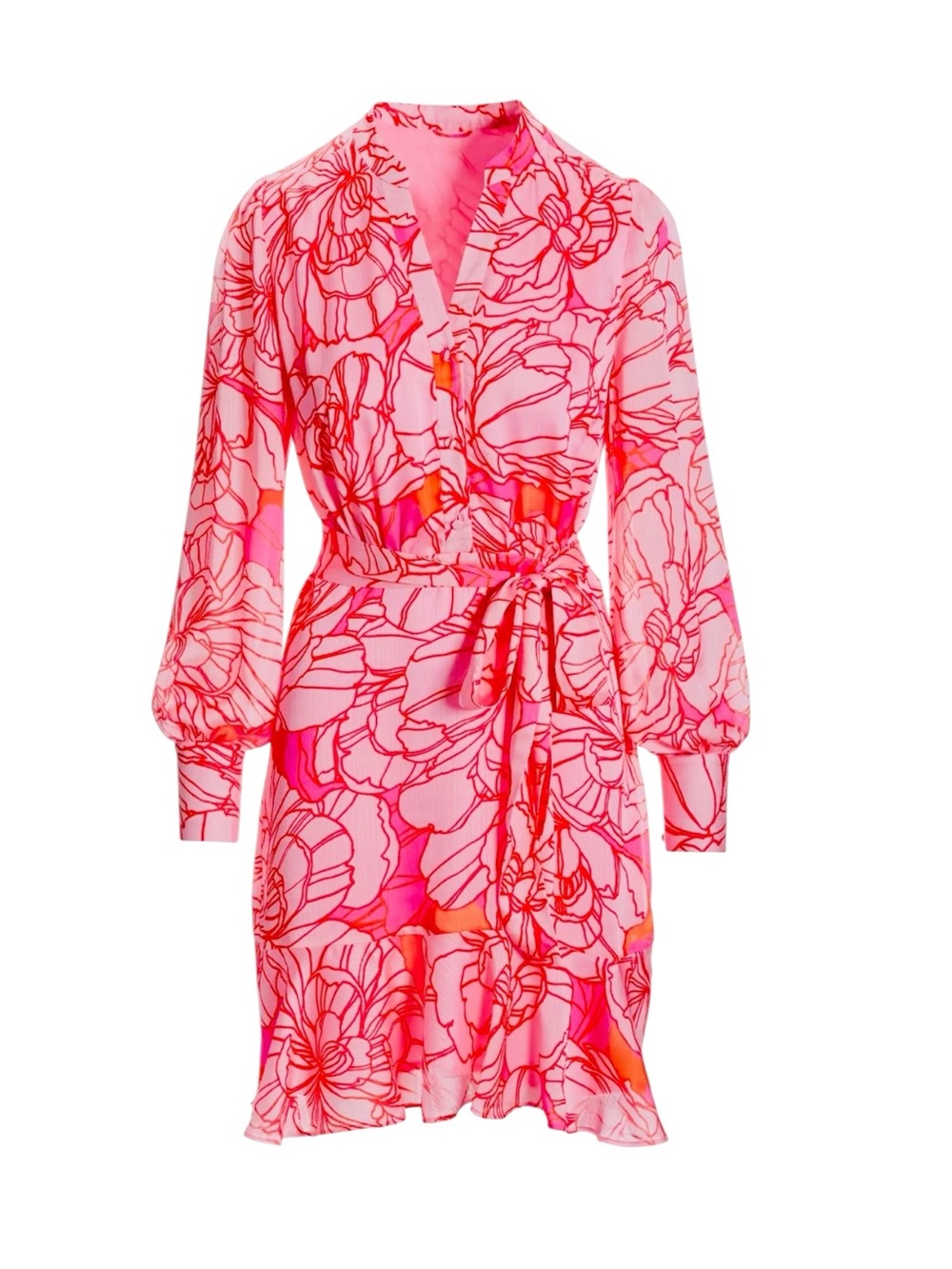 Boston Proper Pink Blooming Outlines Print Button Up Ruffle Flounce Dress Sz 10